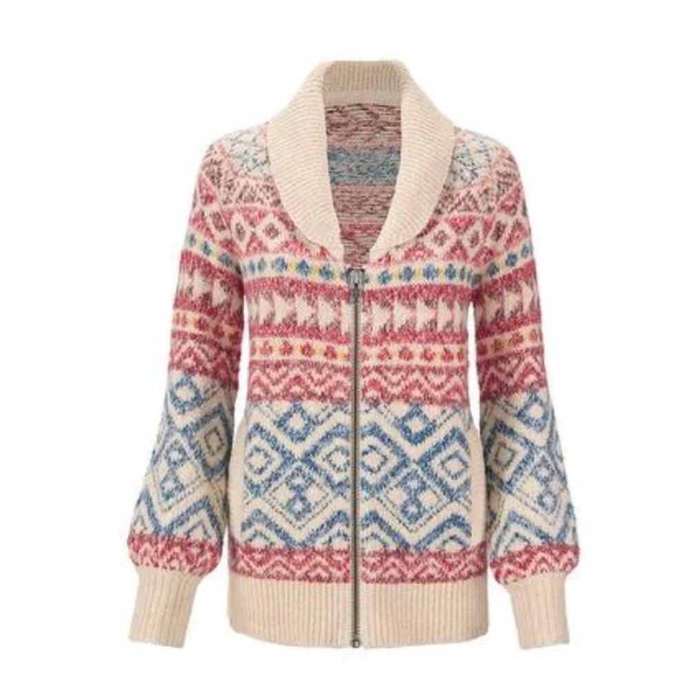CAbi Cream, Pink & Blue Fair Isle Zip Cardigan